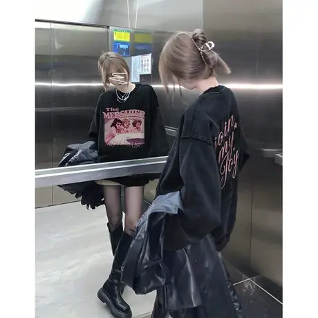 美式复古做旧卫衣女春秋季薄款宽松慵懒风chic设计感上衣潮牌高街图片