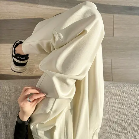 白色双扣休闲西装裤女春秋新款高腰显瘦直筒高级感垂感拖地阔腿裤商品大图