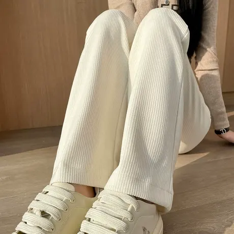 白色微喇叭裤女2024年春秋新款高腰显瘦修身小个子针织休闲微喇裤商品大图