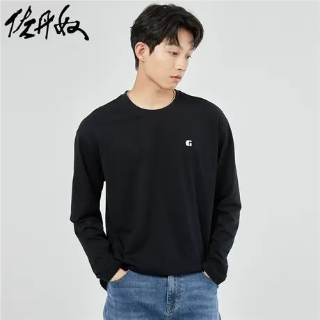 佐丹奴T恤男装纯棉针织字母刺绣宽松圆领长袖T恤 01023825商品大图