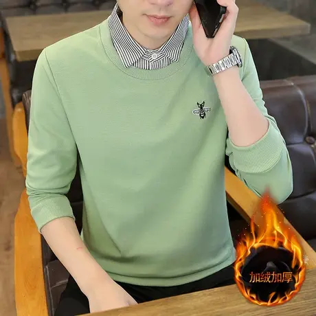 2023秋冬新款假两件卫衣男男装加绒加厚打底衫加肥加大码长袖T恤商品大图