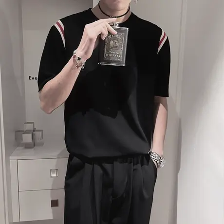 针织T恤夏季简约拼色条纹设计休闲短袖体恤衫ins小众高级半截袖商品大图