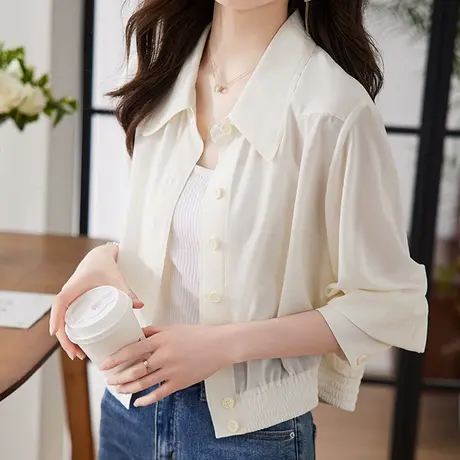 【3月4春新品8折】宽松休闲POLO领短外套女百搭时尚米色衬衫上衣图片