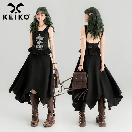 KEIKO 黑色荷叶边吊带小背心女春夏甜辣妹带胸垫外穿内搭打底上衣图片