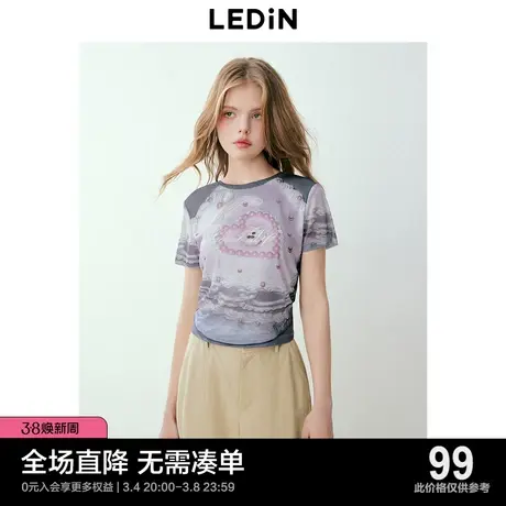 乐町甜美少女感满印蛋糕T恤2024早春新款舒适透气网纱内搭上衣图片