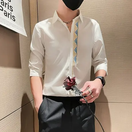 短袖衬衫男夏季潮流薄款宫廷印花高级感韩版休闲发型师七分袖衬衣图片