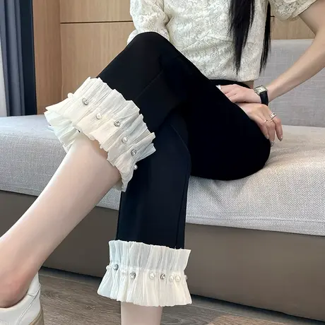 九分蕾丝花边拼接直筒裤女2024新款高腰显瘦九分裤小个子休闲裤子图片