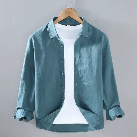 亚麻衬衫男2024新款休闲薄款长袖棉麻白色衬衣上衣男士外套春秋潮商品大图