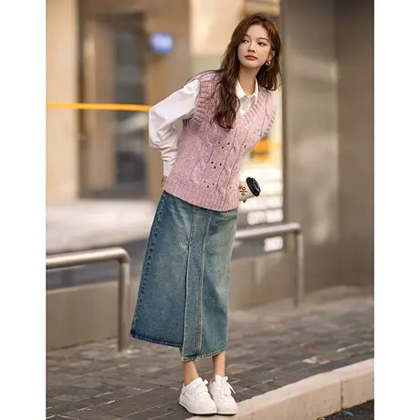 【日系针织马甲】23年秋冬新款V领含羊毛甜美针织背心女图片