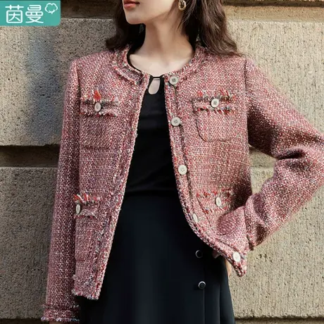茵曼法式小香风格纹毛呢短外套女装初秋季2024新款短款上衣轻熟风图片