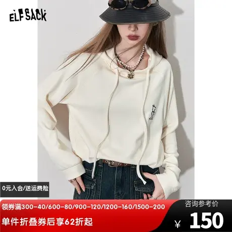 妖精的口袋宽松连帽t恤女2023冬新款小个子白色长袖休闲显瘦上衣图片