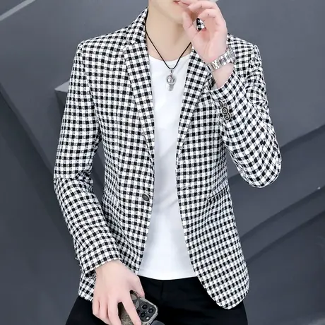 黑白拼色格子英伦气质小西装外套男士春秋季韩版修身帅气潮流西服商品大图