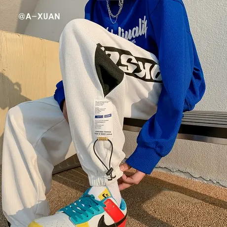 高级感束脚阔腿休闲卫裤男潮牌ins美式华夫格撞色垂感运动长裤子商品大图