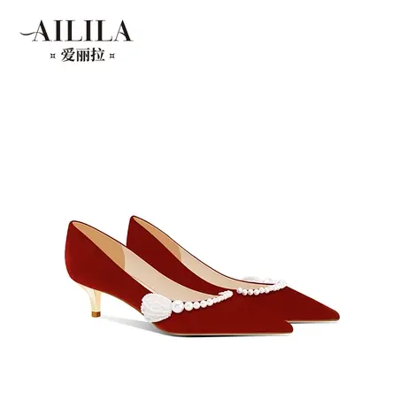 爱丽拉红色婚鞋女2023新款中式秀禾服孕妇低跟新娘鞋不累脚高级感商品大图