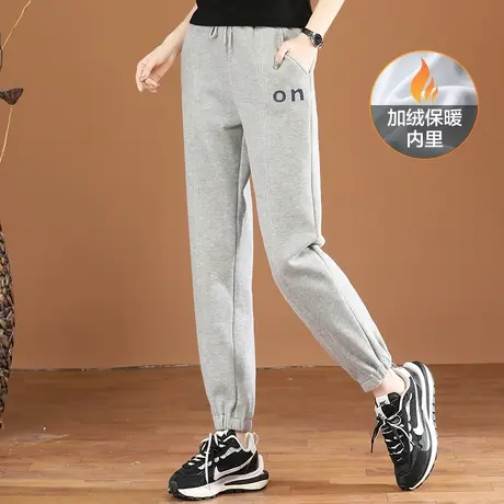 韩潮袭人松紧腰印花灰色加绒运动裤女2023冬季新款显瘦哈伦卫裤子图片