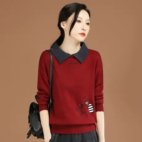 韩潮袭人娃娃领长袖印花打底衫针织衫女2023秋冬新款内搭百搭毛衣图片