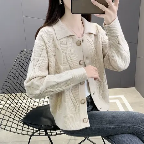 针织衫2023早秋新款小众古着感慵懒风复古翻领毛衣女开衫休闲外套图片