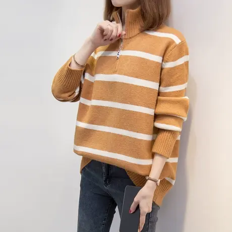 条纹高领毛衣女套头2023秋冬新款宽松开襟针织衫内搭上衣厚打底衫商品大图