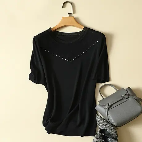 冰丝针织衫短袖t恤女2022春夏新款圆领宽松显瘦薄款打底衫女上衣商品大图