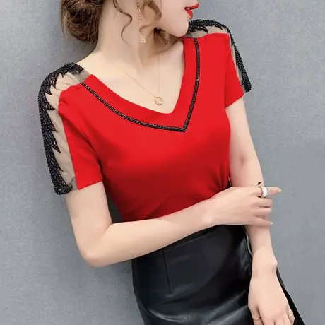 重工烫钻T恤女短袖夏装2023新款设计感洋气上衣网纱拼接V领小衫潮图片
