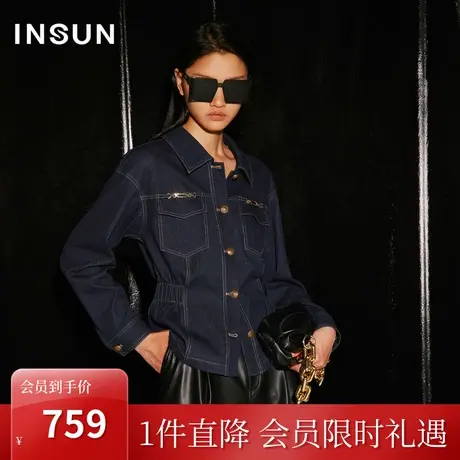 恩裳COVER2023年秋装新款复古翻领设计落肩短款松紧收腰牛仔夹克商品大图