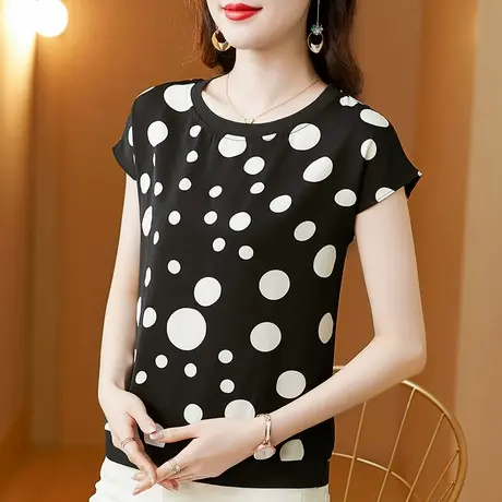 圆领缎面t恤女夏季短袖2023新款高端宽松真丝衬衣复古蝙蝠袖上衣商品大图