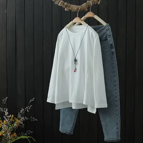 白色基础款圆领内搭长袖棉质t恤女装百搭亲肤打底衫春季新款上衣商品大图