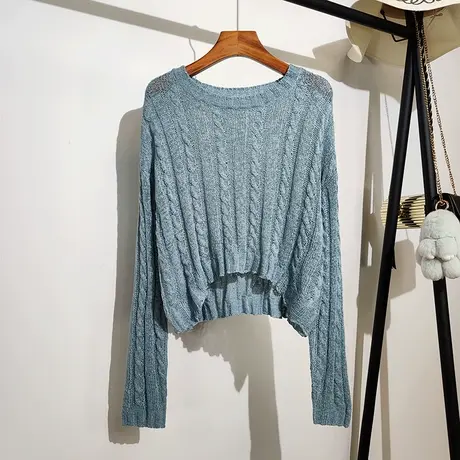 针织镂空罩衫女套头薄款外穿春夏新款韩版长袖短款防晒上衣空调衫商品大图