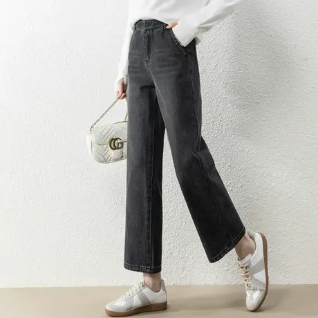 烟灰色阔腿牛仔裤女2023新款春秋高腰九分大码裤子小个子直筒女裤图片