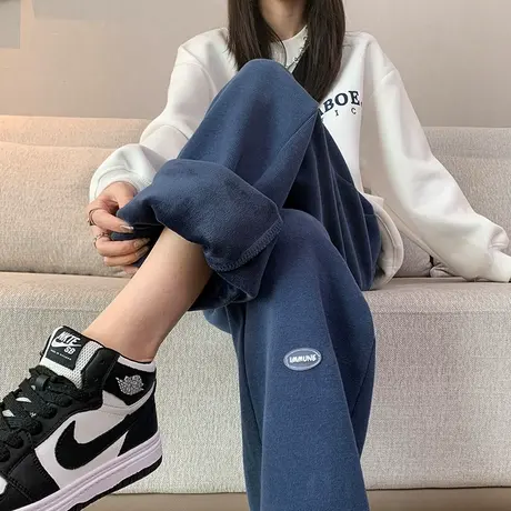 蓝色运动裤女2023年秋冬新款高腰直筒宽松加绒束脚两穿休闲阔腿裤商品大图