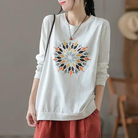 dza复古短款宽松t恤女士秋季新款长袖上衣内搭打底衫显瘦纯棉体恤商品大图