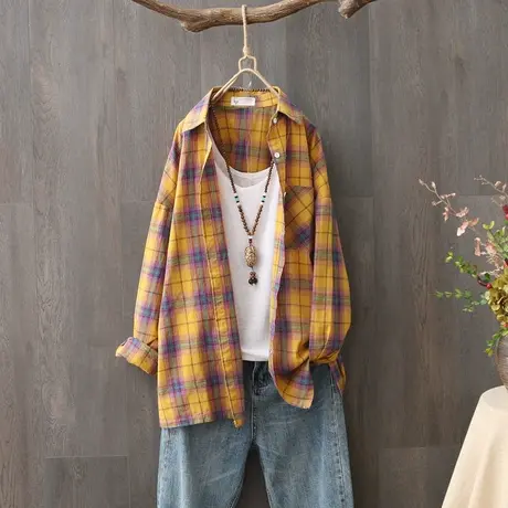 格子衬衫女春秋秋装新款韩版长袖宽松BF风学生休闲衬衣薄外套开衫商品大图