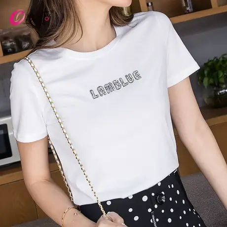 欧货烫钻短袖t恤女2022夏季新款欧洲站修身半袖打底衫百搭体恤潮商品大图