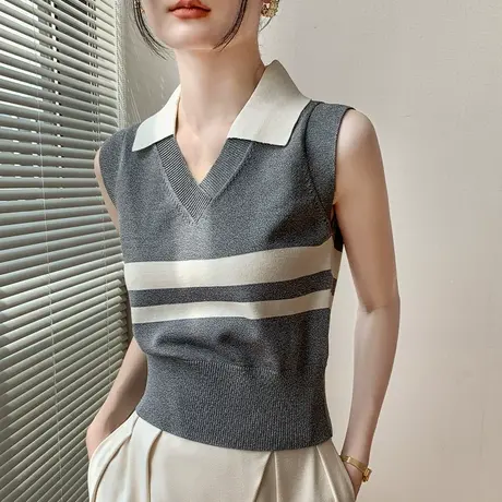 灰色美式条纹POLO领针织无袖t恤女宽松透气显瘦坎肩辣妹翻领上衣商品大图