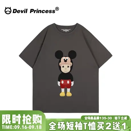 欧货大版卡通ins风潮牌深灰色短袖t恤女2023夏季新款宽松正肩上衣商品大图