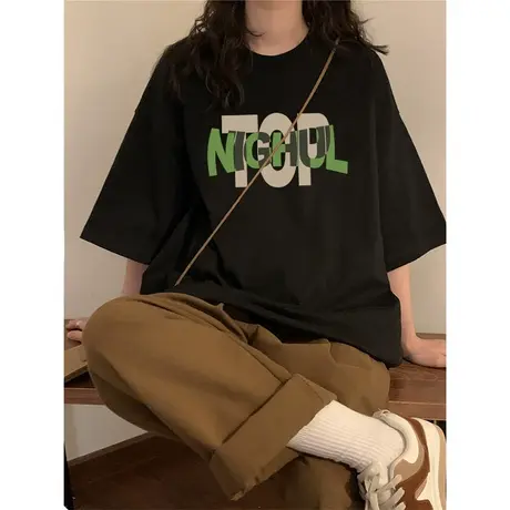 纯棉设计感小众短袖t恤女夏季新款宽松港味复古chic半袖大码上衣图片