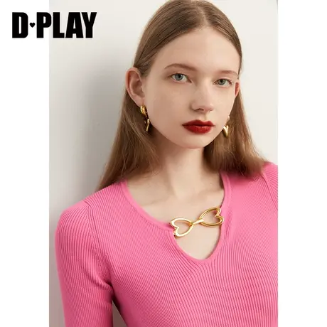 DPLAY秋装季新款领口定制蝴蝶结金属搭扣装饰玫红色针织小衫商品大图