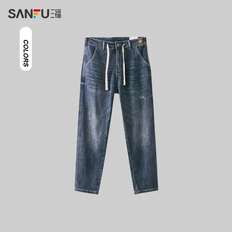 三福2023冬男士猫须洗水锥形牛仔裤 时尚个性腰头长裤男476208商品大图