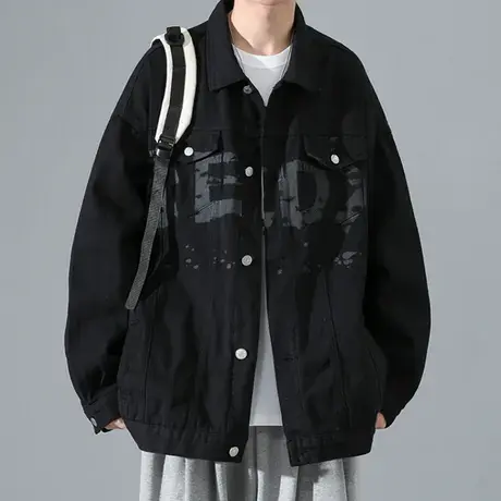 黑色美式牛仔外套男士春秋季新款潮牌宽松印花男生复古上衣服夹克商品大图