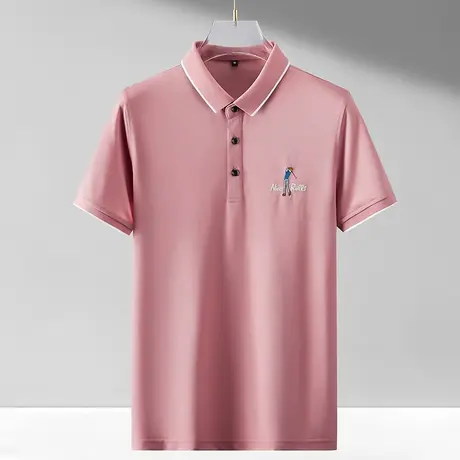 2023夏季新款短袖t恤男士潮流冰丝polo衫纯色有领体恤修身上衣服T商品大图