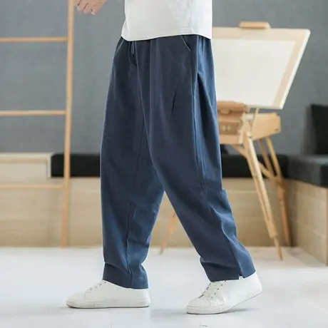 休闲百搭哈伦裤潮男宽松直筒运动长裤秋季中国风苎麻舒适透气裤子商品大图