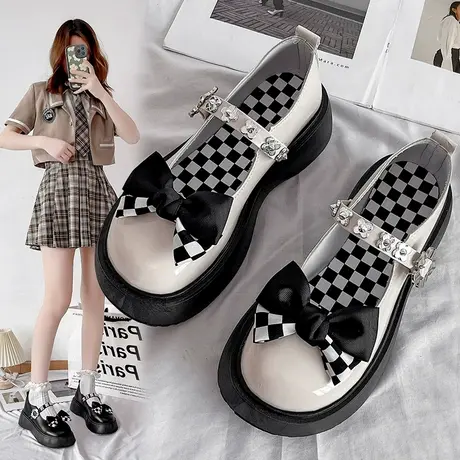 白色复古玛丽珍鞋单鞋女厚底2023年夏季新款蝴蝶结法式配裙子皮鞋商品大图