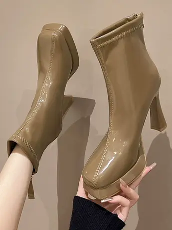 马丁靴女2023年新款早秋ins英伦风复古方头高跟鞋细跟超火短靴子商品大图