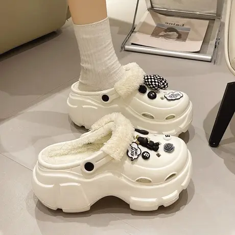 可拆卸棉拖鞋女冬季2023新款外穿加绒洞洞鞋厚底增高踩屎感毛拖鞋商品大图