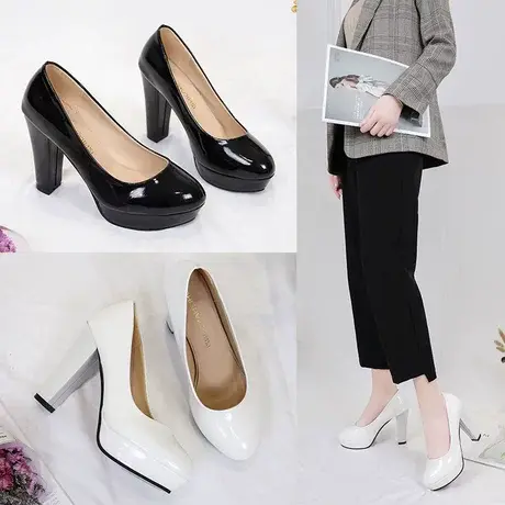 2023新款春高跟鞋黑色尖头粗跟防水台单鞋工装鞋软底职业工作鞋女图片