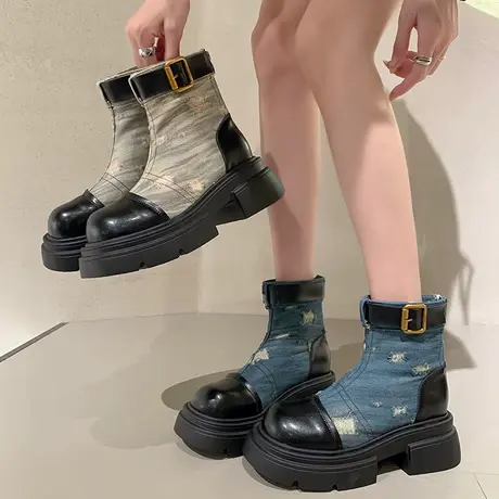 短靴女炸街春秋帅气2023新款网红超火牛仔蓝厚底松糕高级感瘦瘦靴图片