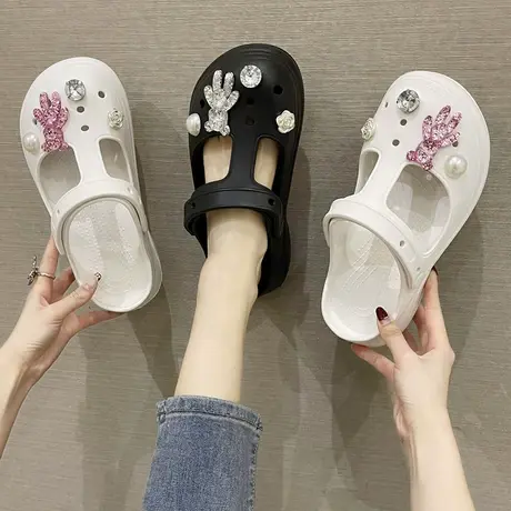 可爱水晶熊洞洞鞋女夏ins潮时尚外穿松糕厚底防滑包头沙滩凉拖鞋商品大图