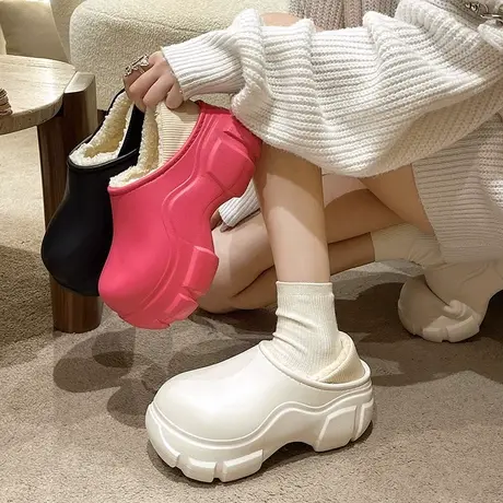 防水棉拖鞋女冬季外穿加绒加厚保暖室内居家包跟厚底防滑高跟棉鞋商品大图