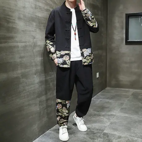 中国风长袖套装男士龙刺绣棉麻中式盘扣唐装青年中山装汉服两件套商品大图