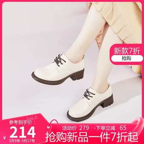 康奈女鞋春季新款真皮休闲英伦风牛津鞋系带方跟圆头深口通勤单鞋商品大图